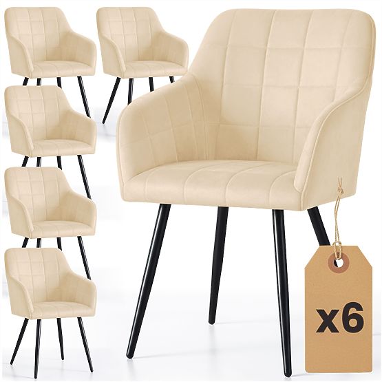 6x Gepolsterter Stuhl mit quadratischer Steppung Beige LUXANO Schwarze Beine