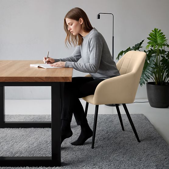 6x Gepolsterter Stuhl mit quadratischer Steppung Beige LUXANO Schwarze Beine