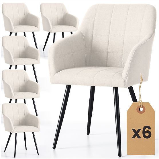 6x Gepolsterter Stuhl mit quadratischer Steppung Creme LUXANO Schwarze Beine Stoff Lumos