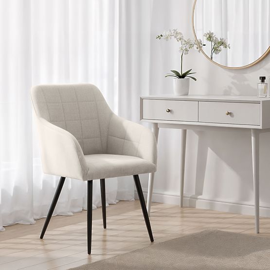 6x Gepolsterter Stuhl mit quadratischer Steppung Creme LUXANO Schwarze Beine Stoff Lumos