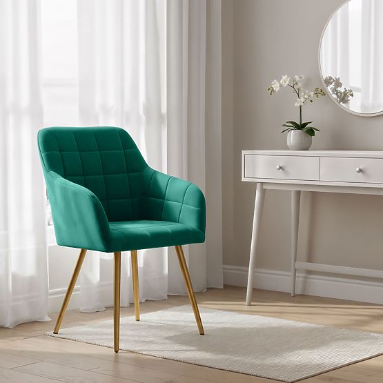 6x Gepolsterter Stuhl mit quadratischer Steppung Smaragdgrün LUXANO Goldene Beine