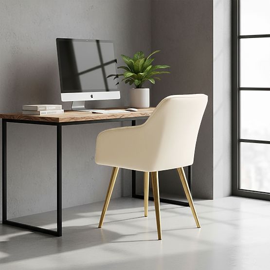 6x Samtgepolsterter Stuhl mit Steppung Creme FLORENCE Goldene Beine