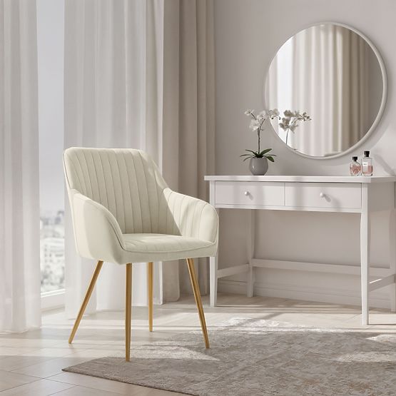 6x Samtgepolsterter Stuhl mit Steppung Creme FLORENCE Goldene Beine