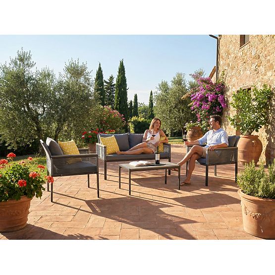Aluminium-Gartenmöbel-Set (2 x Sessel, Sofa + Tisch) CORTO runder grauer Technorattan