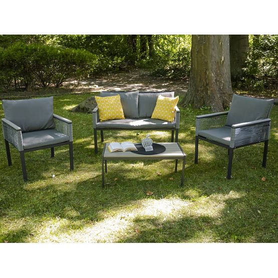 Aluminium-Gartenmöbel-Set (2 x Sessel, Sofa + Tisch) CORTO runder grauer Technorattan