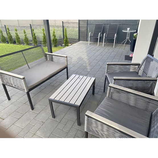 Aluminium-Gartenmöbel-Set (2 x Sessel, Sofa + Tisch) CORTO runder grauer Technorattan