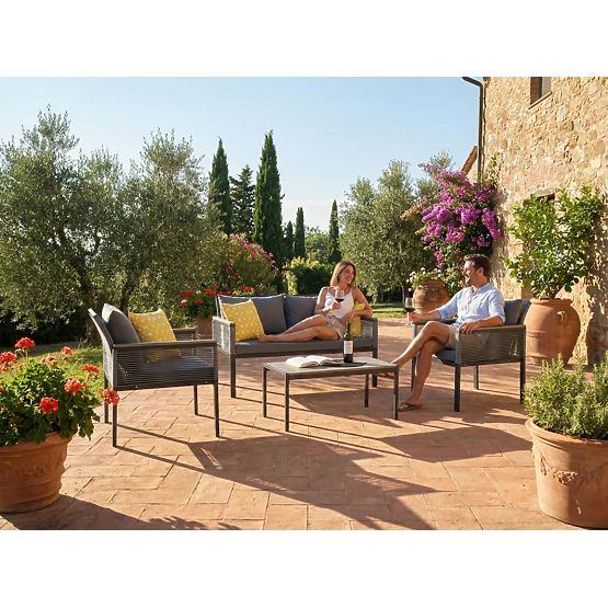 Aluminium-Gartenmöbel-Set (2 x Sessel, Sofa + Tisch) CORTO runder grauer Technorattan