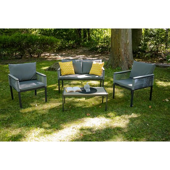 Aluminium-Gartenmöbel-Set (2 x Sessel, Sofa + Tisch) CORTO runder grauer Technorattan