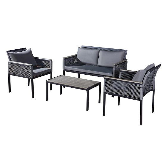 Aluminium-Gartenmöbel-Set (2 x Sessel, Sofa + Tisch) CORTO runder grauer Technorattan