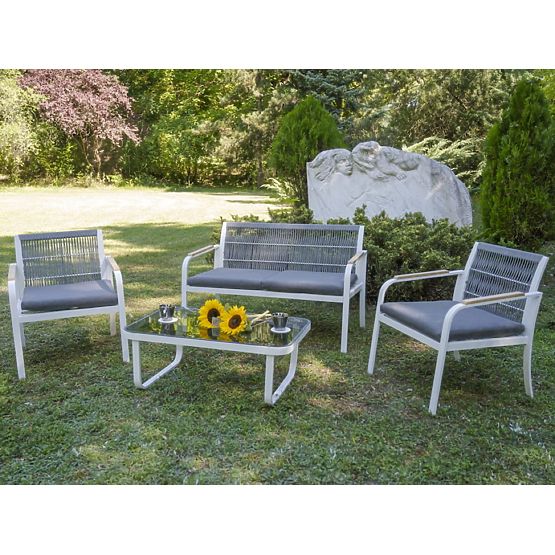 Aluminium-Gartenmöbelset (2 x Sessel, Sofa + Tisch) RARO weiß, grau