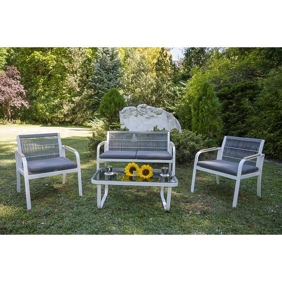 Aluminium-Gartenmöbelset (2 x Sessel, Sofa + Tisch) RARO weiß, grau