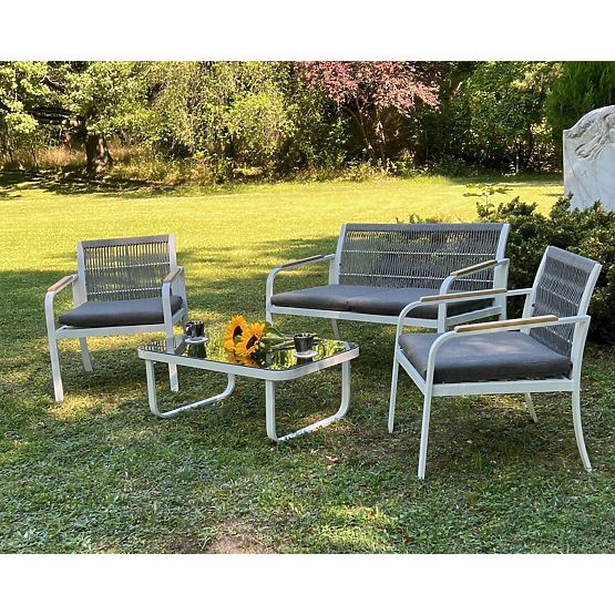 Aluminium-Gartenmöbelset (2 x Sessel, Sofa + Tisch) RARO weiß, grau