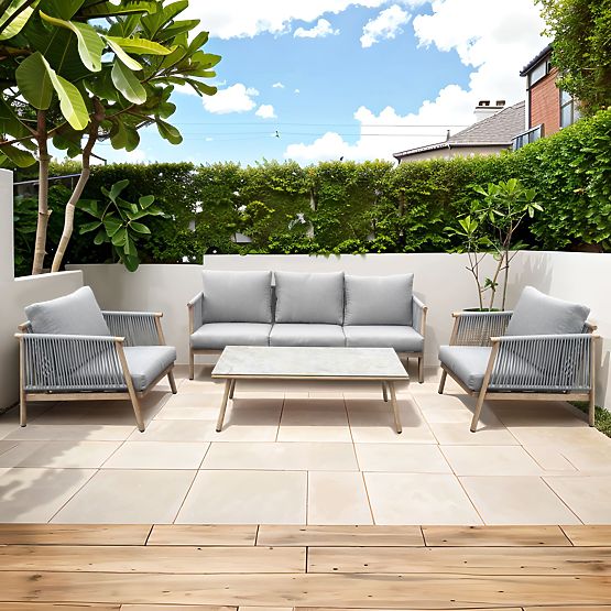 Aluminium-Terrassenmöbelset (Großes Sofa, 2 x Sessel und Tisch) BLANDO hellgrau, Aluminium