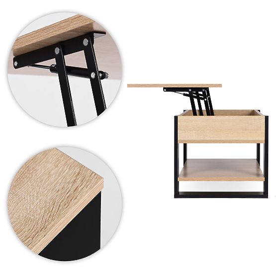 Ausziehbarer Couchtisch mit aufklappbarer Platte 90 cm Stauraum Regal Eiche Sonoma ModernHome