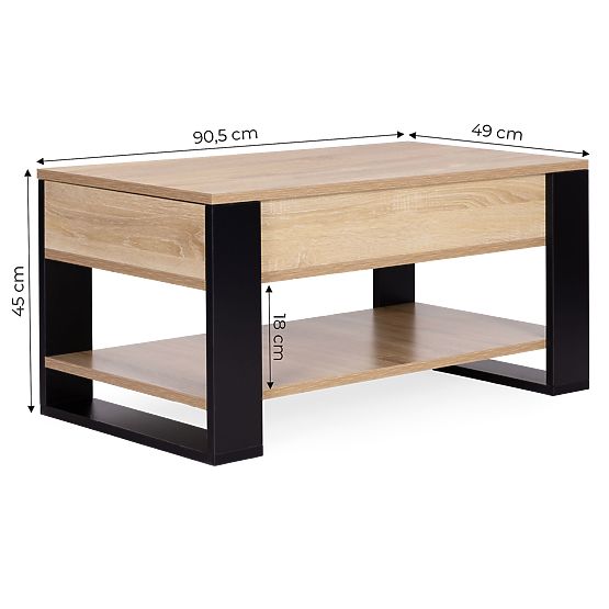 Ausziehbarer Couchtisch mit aufklappbarer Platte 90 cm Stauraum Regal Eiche Sonoma ModernHome