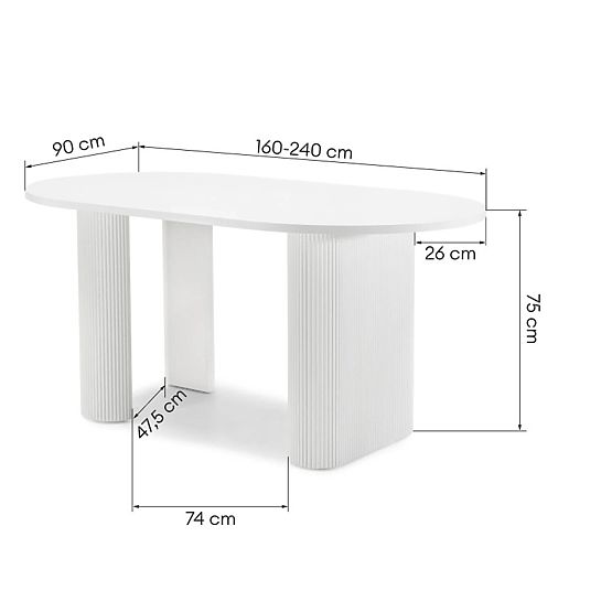 Ausziehbarer Tisch Audrey 160-240 cm, oval, weiß, mit Rillen, abgerundete Formen