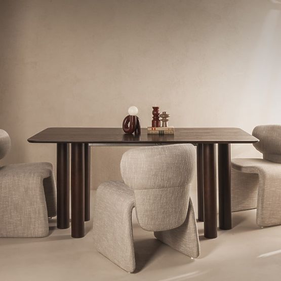 Ausziehbarer Tisch Loa 140-200 cm, Eichenfurnier, Nussbaum, Buchenholz, abgerundet
