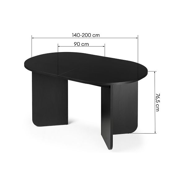 Ausziehbarer Tisch Mou 140-200 cm, schwarz mit Holzstruktur, ovale Platte