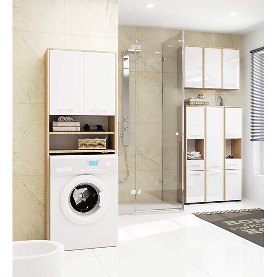 BADEZIMMERREGAL FIN ÜBER DER WASCHMASCHINE EICHE SONOMA / WEISS HOCHGLANZ