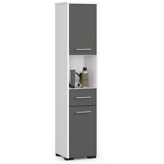 BADEZIMMERSCHRANK FIN HOCHSCHRANK 30 2D 1SZ 1W 140cm PK WEISS / GRAU