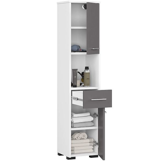 BADEZIMMERSCHRANK FIN HOCHSCHRANK 30 2D 1SZ 1W 140cm PK WEISS / GRAU