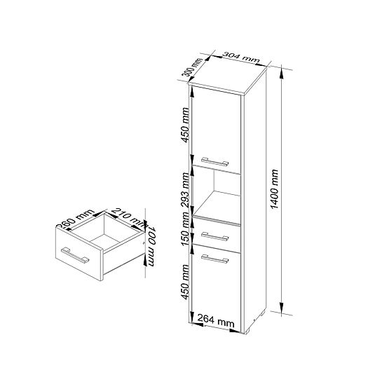 BADEZIMMERSCHRANK FIN SÄULE 30 2D 1SZ 1W 140cm PK ARTISAN / WEISS