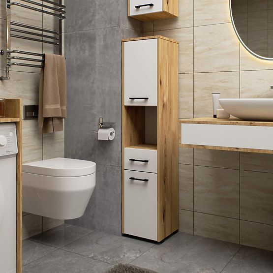 BADEZIMMERSCHRANK FIN SÄULE 30 2D 1SZ 1W 140cm PK ARTISAN / WEISS