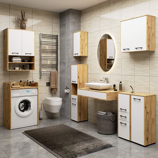 BADEZIMMERSCHRANK FIN SÄULE 30 2D 1SZ 1W 140cm PK ARTISAN / WEISS