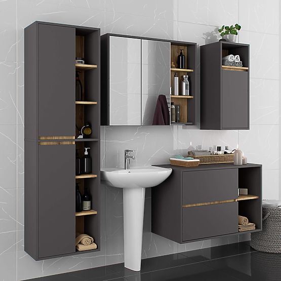 BADEZIMMERSCHRANK FÜR WASCHBECKEN VAMI W 90 cm 2 SCHUBLADEN GRAPHIT GRAU / EICHE ARTISAN