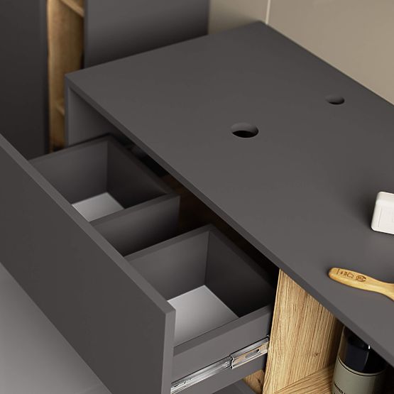 BADEZIMMERSCHRANK UNTER DEM WASCHBECKEN MIT LÖCHERN VAMI W90 UM 2SZ 2P GRAPHITGRAU / ARTISAN EICHE