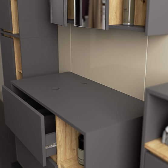 BADEZIMMERSCHRANK UNTER DEM WASCHBECKEN MIT LÖCHERN VAMI W90 UM 2SZ 2P GRAPHITGRAU / ARTISAN EICHE