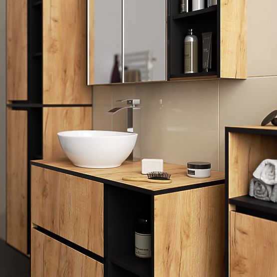 BADEZIMMERSCHRANK UNTER DEM WASCHBECKEN MIT ÖFFNUNGEN VAMI W90 UM 2SZ 2P EICHE CRAFT / SCHWARZ