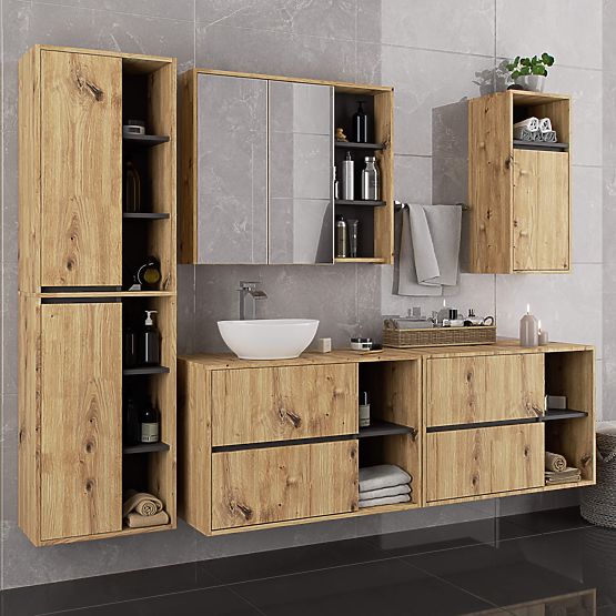 BADEZIMMERSCHRANK UNTER WASCHBECKEN VAMI W90 2SZ 2P PK EICHE ARTISAN / GRAFIT GRAU