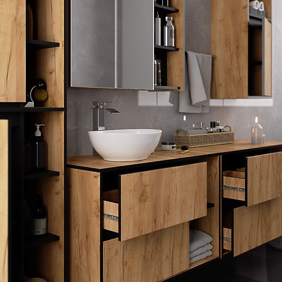 BADEZIMMERSCHRANK UNTER WASCHBECKEN VAMI W90 2SZ 2P PK EICHE CRAFT / SCHWARZ