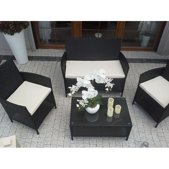 Balkon-Set aus Technorattan (Sofa + 2 x Sessel + Tisch) COMODO schwarz