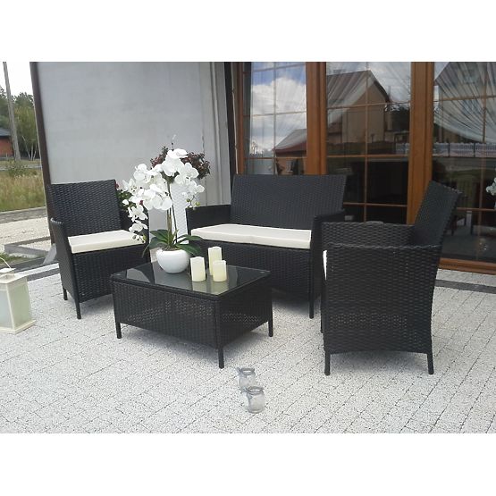 Balkon-Set aus Technorattan (Sofa + 2 x Sessel + Tisch) COMODO schwarz