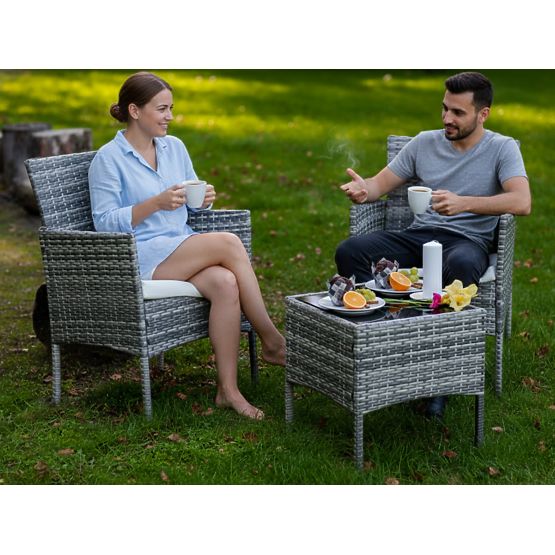 Balkonmöbel-Set (2 x Sessel + Tisch) SANO grauer Polyrattan