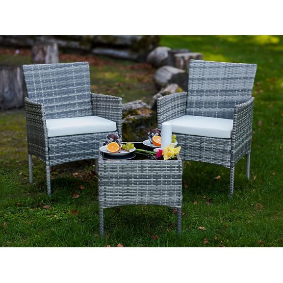 Balkonmöbel-Set (2 x Sessel + Tisch) SANO grauer Polyrattan