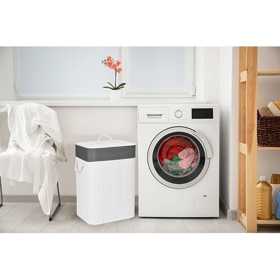 Bambus-Wäschekorb mit Deckel 80L weiß-grau