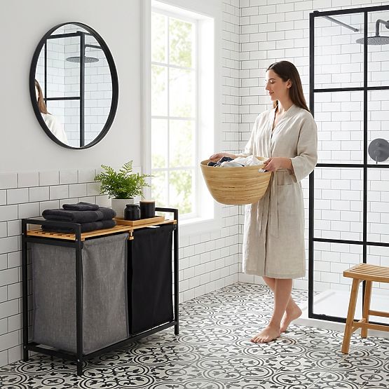 Bambus-Wäschekorb oder Spielzeugkorb HANOI BLACK 2 Fächer DUO FARBE