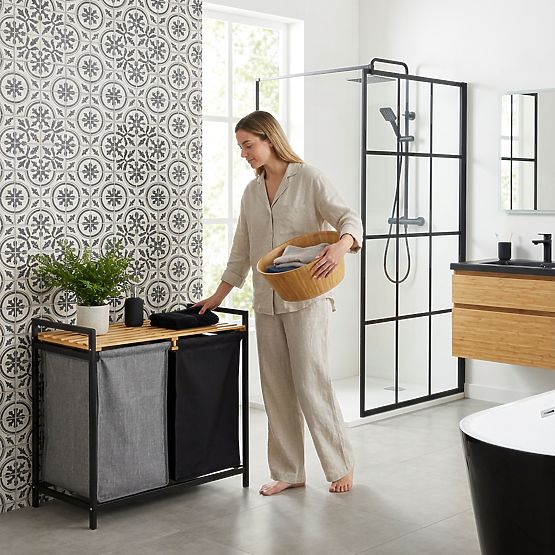 Bambus-Wäschekorb oder Spielzeugkorb HANOI BLACK 2 Fächer DUO FARBE