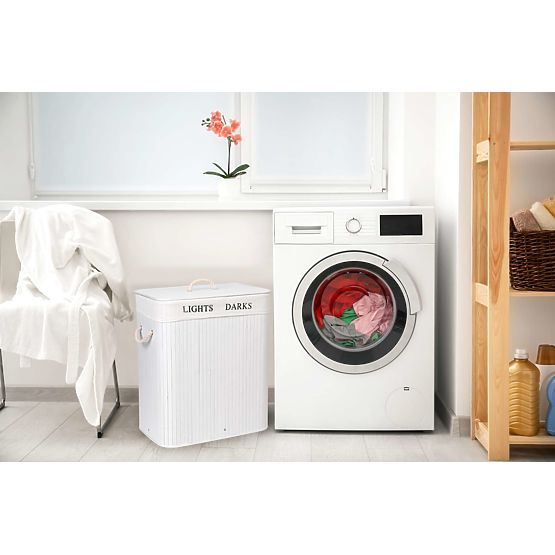 Bambuskorb mit Deckel 100L 2 Kammern weiß