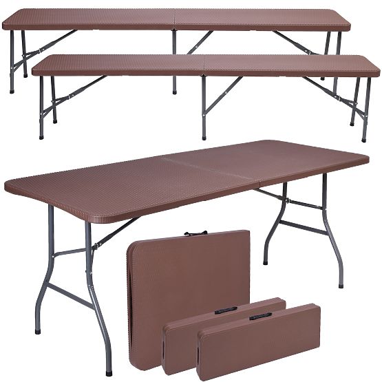 Catering-Set Rattan brauner Tisch 180 cm + 2 Bänke