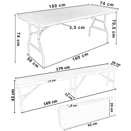 Catering-Set Rattan brauner Tisch 180 cm + 2 Bänke