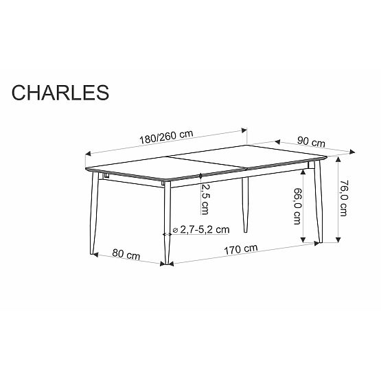 CHARLES ausziehbarer Tisch, Platte - grauer Marmor, Beine - schwarz