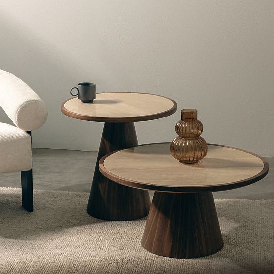 Couchtisch Kyoto 80 cm, rund, Travertin/Nussbaum