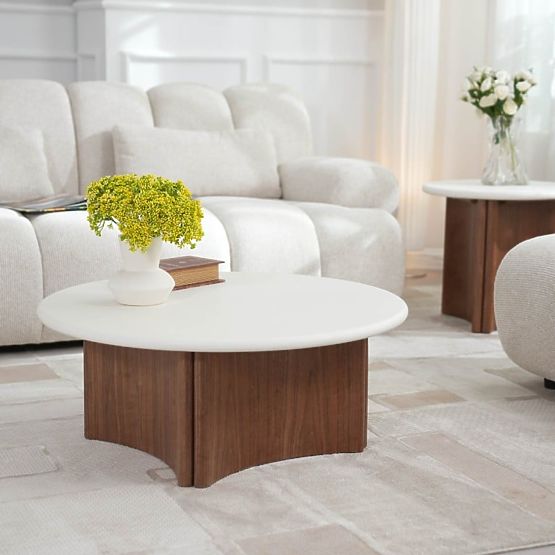Couchtisch Marlo 80 cm, cremeweiß/Nussbaum, Mikrozement