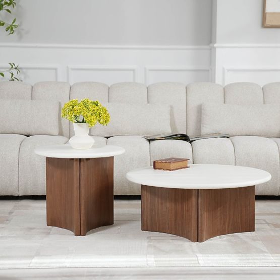 Couchtisch Marlo 80 cm, cremeweiß/Nussbaum, Mikrozement