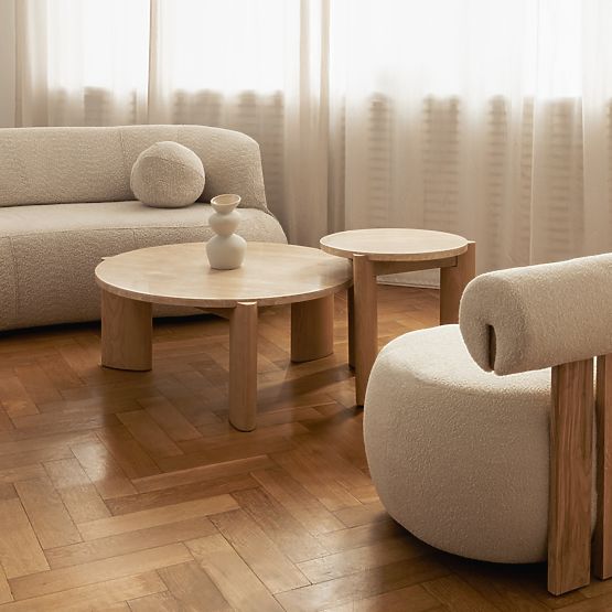 Couchtisch Medley 90 cm, rund, Travertin/Esche