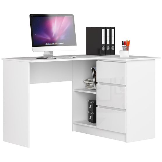 ECKSCHREIBTISCH B16 124 cm RECHTS 3 SCHUBLADEN PK WEISS / WEISS HOCHGLANZ